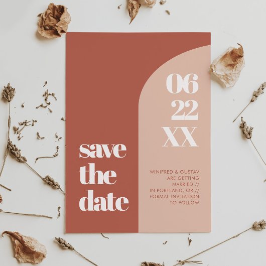 Eenvoudige stekelbaars terracotta save the date