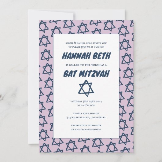 Eenvoudige ster van David Custom B'nai Bat Bar Mit Kaart (Voorkant)