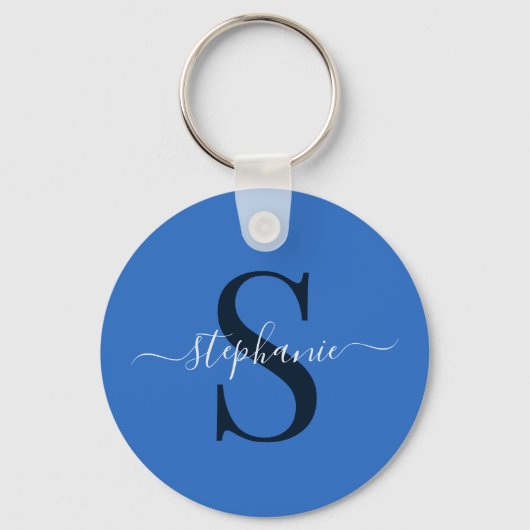 Eenvoudige stijlvolle blauwe monogram Initiaal voo Sleutelhanger (Voorkant)