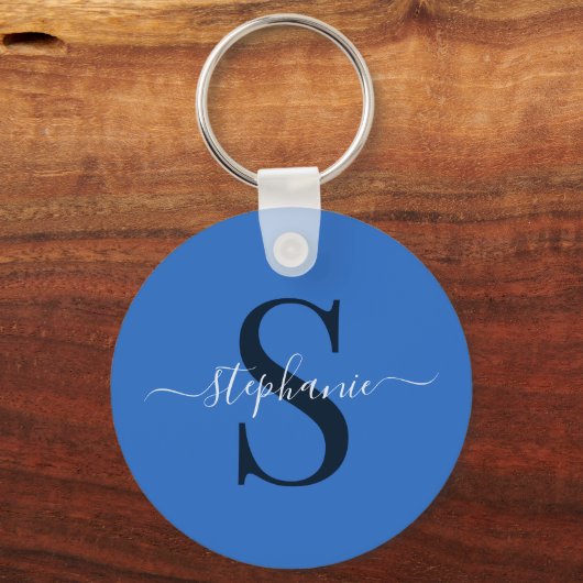 Eenvoudige stijlvolle blauwe monogram Initiaal voo Sleutelhanger (Achterkant)