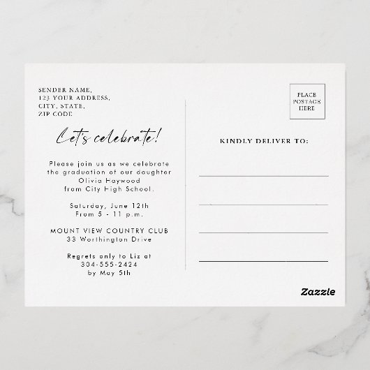 Eenvoudige stijlvolle foto gouden afstudeerfeest folie uitnodiging briefkaart (Achterkant)