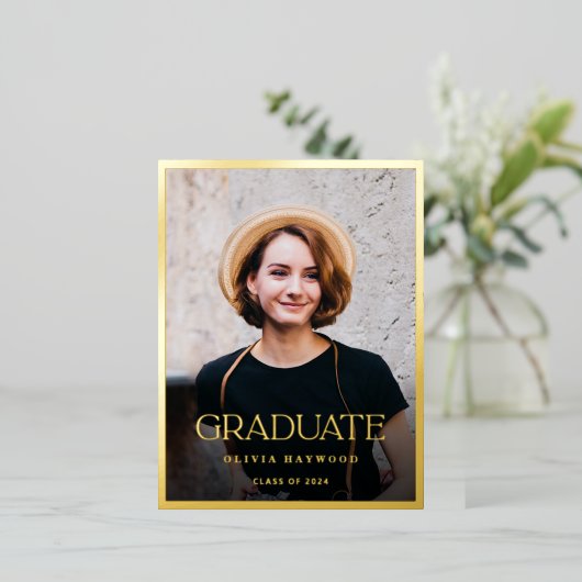 Eenvoudige stijlvolle foto gouden afstudeerfeest folie uitnodiging briefkaart (Staand Voorkant)