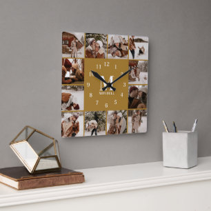 Eenvoudige Stijlvolle  Gouden Familie Fotocollage Vierkante Klok