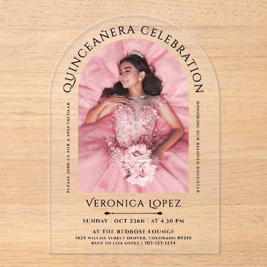 Eenvoudige stijlvolle klassieke Quince foto en zwa Acryl Uitnodigingen (Voorkant)