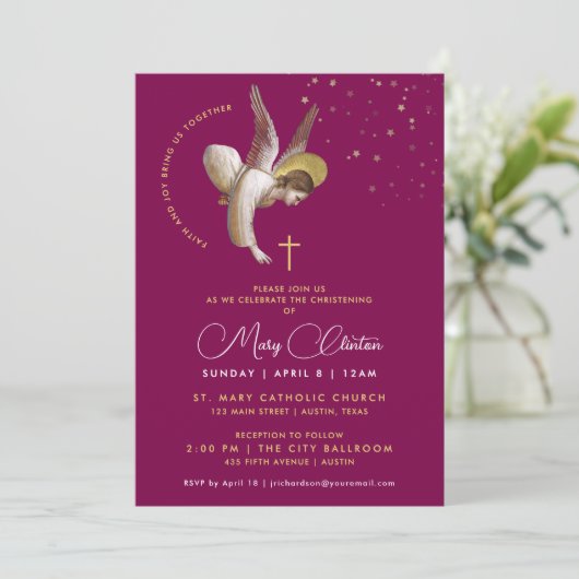 Eenvoudige stijlvolle magenta wijnrood gouden doop kaart (Staand voorkant)