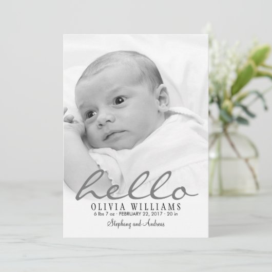 Eenvoudige, stijlvolle, moderne Hallo Baby geboort Aankondiging (Staand voorkant)