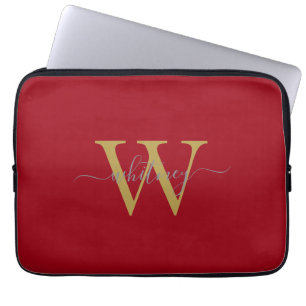 Eenvoudige Stijlvolle Rode Monogram Naam & Initiaa Laptop Sleeve
