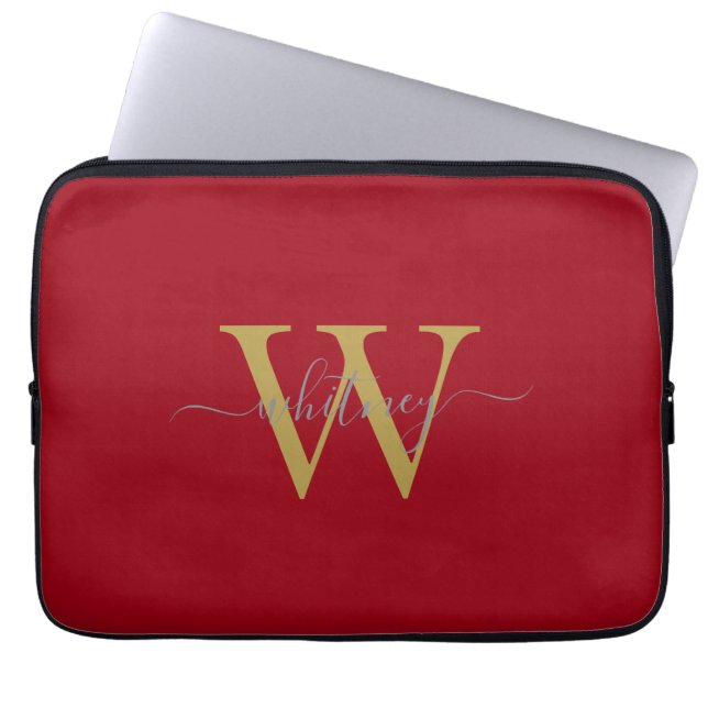 Eenvoudige Stijlvolle Rode Monogram Naam & Initiaa Laptop Sleeve (Voorkant)