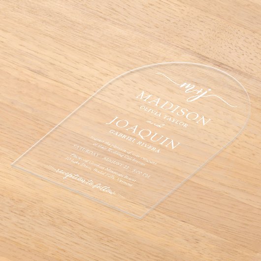 Eenvoudige Stijlvolle Script Initialen Wedding Arc Acryl Uitnodigingen (Laagn)