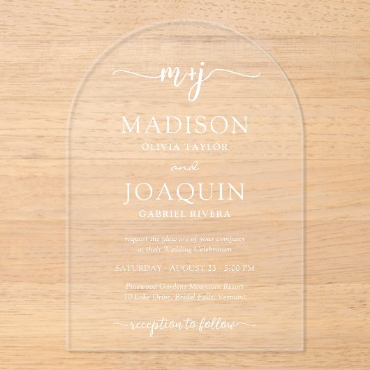 Eenvoudige Stijlvolle Script Initialen Wedding Arc Acryl Uitnodigingen (Voorkant)