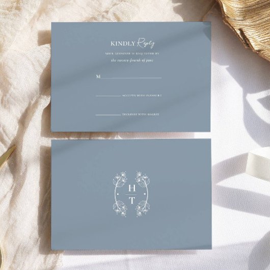 Eenvoudige Stijlvolle Stoffige Blauwe Monogram For RSVP Kaartje