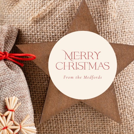 Eenvoudige stijlvolle vrolijke kerst | rood ivoor ronde sticker