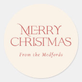 Eenvoudige stijlvolle vrolijke kerst | rood ivoor ronde sticker (Voorkant)