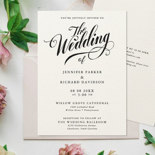 Eenvoudige stijlvolle zwart-wit kalligrafie bruilo kaart