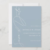 Eenvoudige Stof Blauw Moderne Script Bruiloft Save The Date (Voorkant)