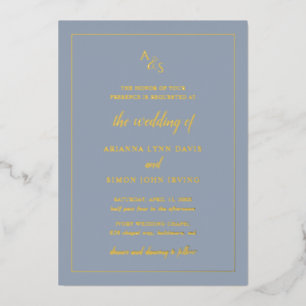 Eenvoudige Stof Blauw Monogram Formeel Elegant Huw Folie Uitnodiging