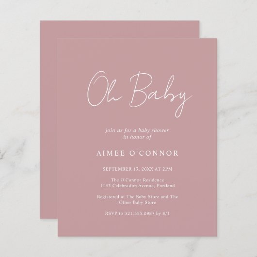 Eenvoudige Stof Roze Budget Baby Shower Uitnodigin (Voorkant / Achterkant)