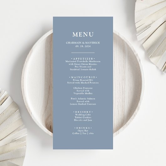 Eenvoudige Stofblauwe Bruiloft Menu