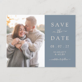 Eenvoudige Stofblauwe Foto Save The Date Huwelijk Aankondigingskaart