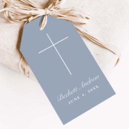 Eenvoudige Stofblauwe Kruis Script Doop Cadeaulabel