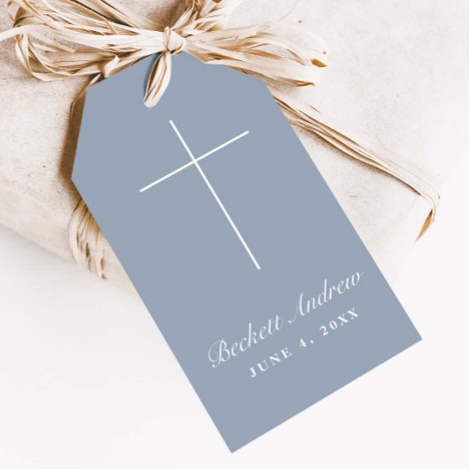 Eenvoudige Stofblauwe Kruis Script Doop Cadeaulabel