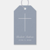 Eenvoudige Stofblauwe Kruis Script Doop Cadeaulabel (Voorkant)