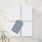 Eenvoudige Stofblauwe Kruis Script Doop Cadeaulabel (Met Touw)