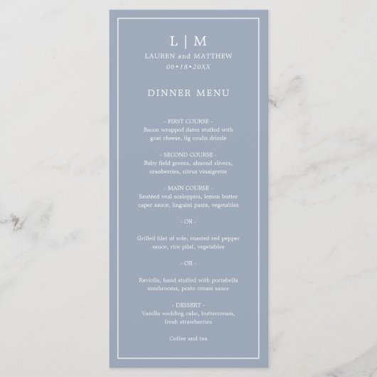 Eenvoudige Stofblauwe Monogram Elegante Trouw Menu (Voorkant)