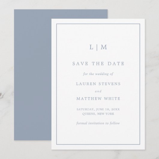 Eenvoudige Stofblauwe Monogram Elegante Trouw Save The Date (Voorkant / Achterkant)