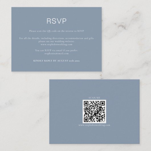 Eenvoudige Stofblauwe QR Code RSVP Informatiekaartje (Voorkant / Achterkant)