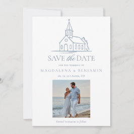 Eenvoudige stoffige blauwe christelijke kapel kerk save the date