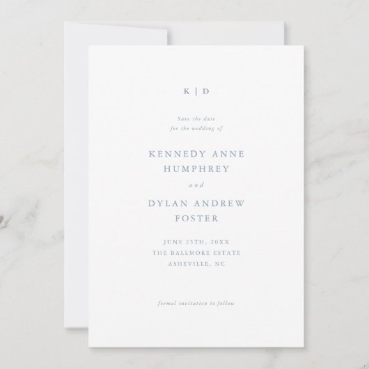 Eenvoudige stoffige blauwe elegante trouw-QR-code Save The Date (Voorkant)