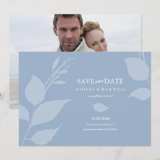 Eenvoudige stoffige blauwe foto Sla de datum op Save The Date (Voorkant / Achterkant)