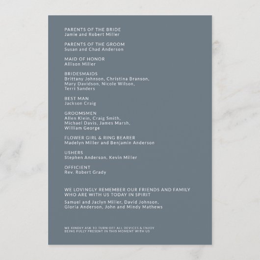 Eenvoudige Stoffige Blauwe Geïsoleerde Namen Trouw Programmakaart (Achterkant)