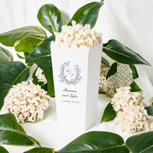 Eenvoudige stoffige blauwe Monogram Crest bruiloft Bedankdoosjes