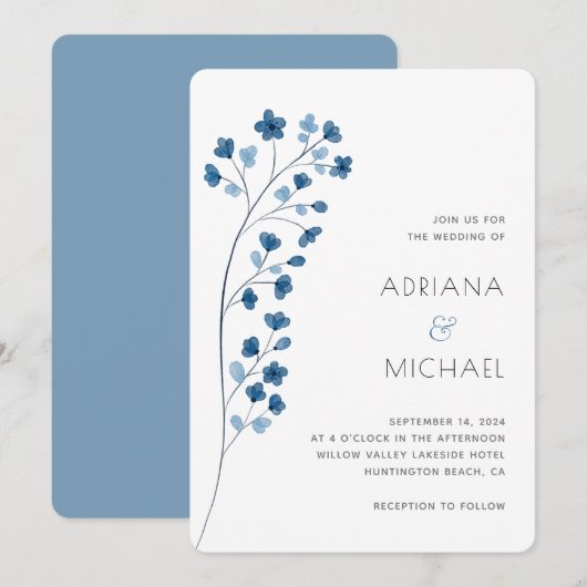Eenvoudige Stoffige Blauwe Waterverf Bloemenuitnod Kaart (Voorkant / Achterkant)
