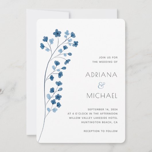 Eenvoudige Stoffige Blauwe Waterverf Bloemenuitnod Kaart (Voorkant)