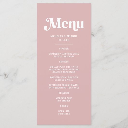 Eenvoudige stoffige roze bruiloft menu (Voorkant)