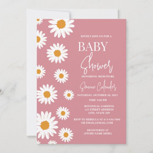 Eenvoudige stoffige roze Daisy Baby shower Invitat Kaart (Voorkant)