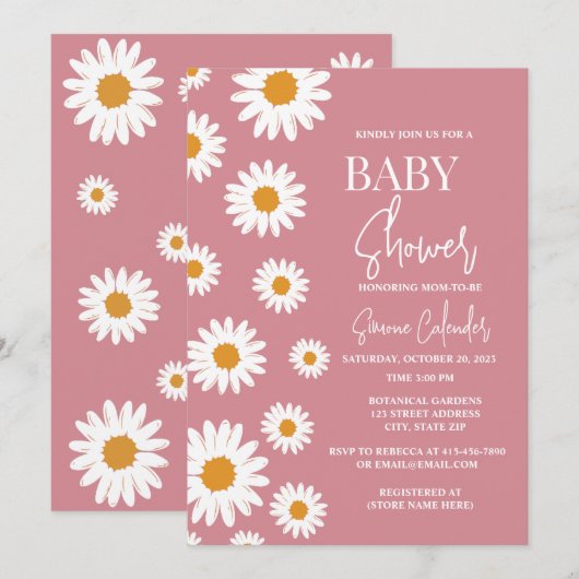 Eenvoudige stoffige roze Daisy Baby shower Invitat Kaart (Voorkant / Achterkant)