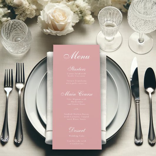 Eenvoudige stoffige roze elegante script kalligraf menu
