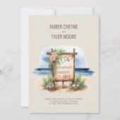 Eenvoudige Strand Waterverf Trouwdetails en Foto Kaart (Voorkant)