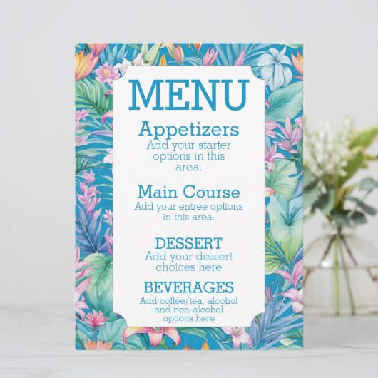 Eenvoudige strandbruiloft menu tropische bloemen (Staand voorkant)