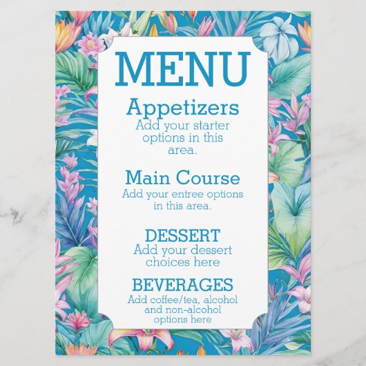 Eenvoudige strandbruiloft menu tropische bloemen (Voorkant)