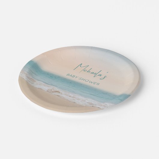 Eenvoudige Strandfoto Gepersonaliseerd Baby shower Papieren Bordje (Gekanteld)