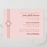 Eenvoudige Stripe Bat Mitzvah Star van David Roos  Folie Uitnodiging<br><div class="desc">De echte gouden folie is hier; kies uit de goudfolie, het goud van het roos, of de zilveren folie. De achtergrondkleur is aanpasbaar. Indien gewenst voeg ook een foto aan de achterkant toe. Als u tekst uit de laag van de folie zou willen verwijderen, ga de redacteur in en snijd...</div>