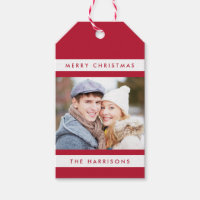 Eenvoudige Stripes Photo Holiday Gift Labels / Red