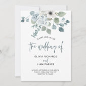 Eenvoudige Stusty Blue Floral en Eucalyptus Weddin Kaart (Voorkant)