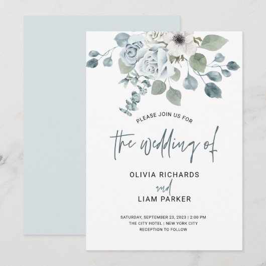Eenvoudige Stusty Blue Floral en Eucalyptus Weddin Kaart (Voorkant / Achterkant)