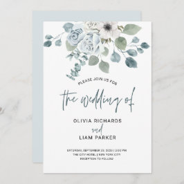 Eenvoudige Stusty Blue Floral en Eucalyptus Weddin Kaart